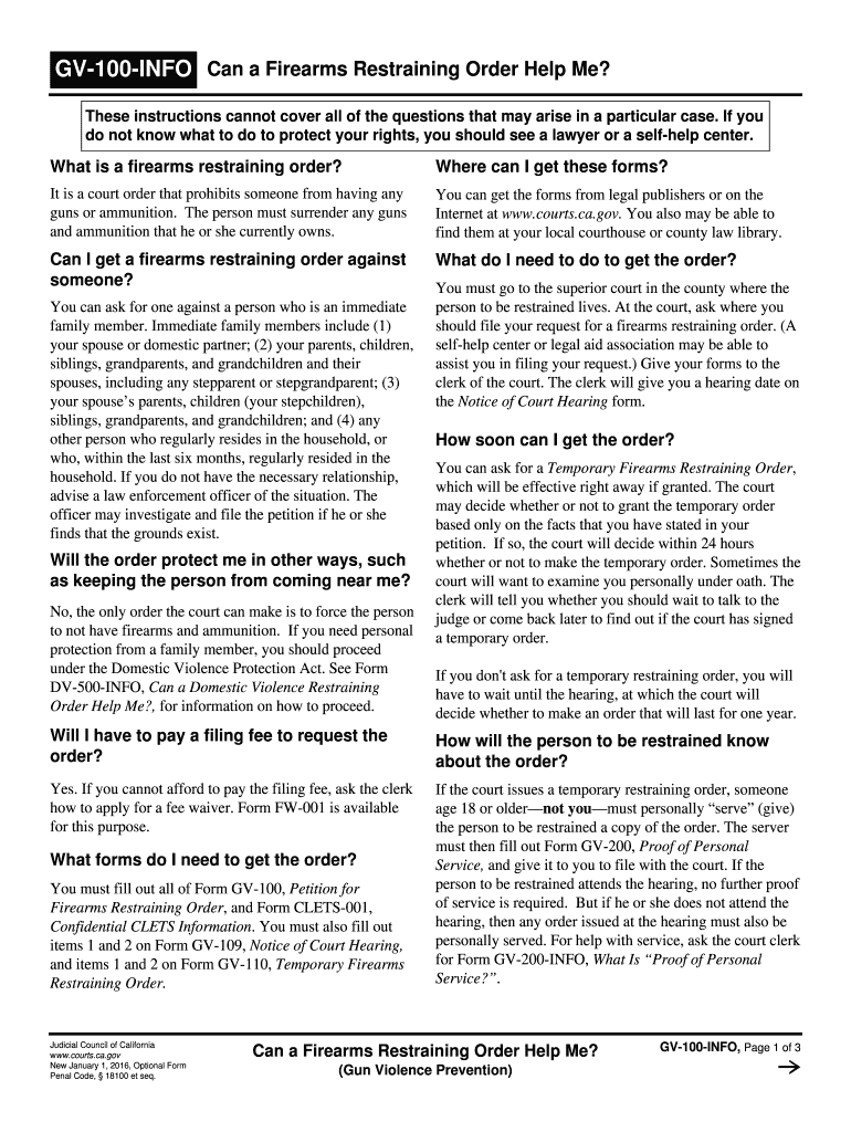  GV 100 INFO Can a Firearms Restraining Order Help Me Gun Violence Prevention Judicial Council Forms  Courts Ca 2016