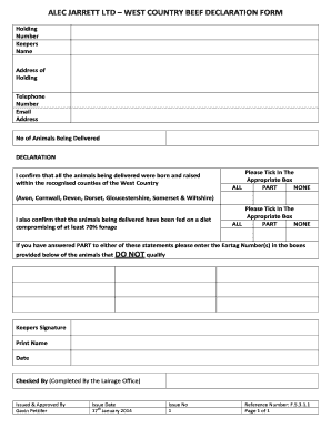 BALECb BJARRETTb LTD WEST COUNTRY BEEF DECLARATION FORM Alec Jarrett Co