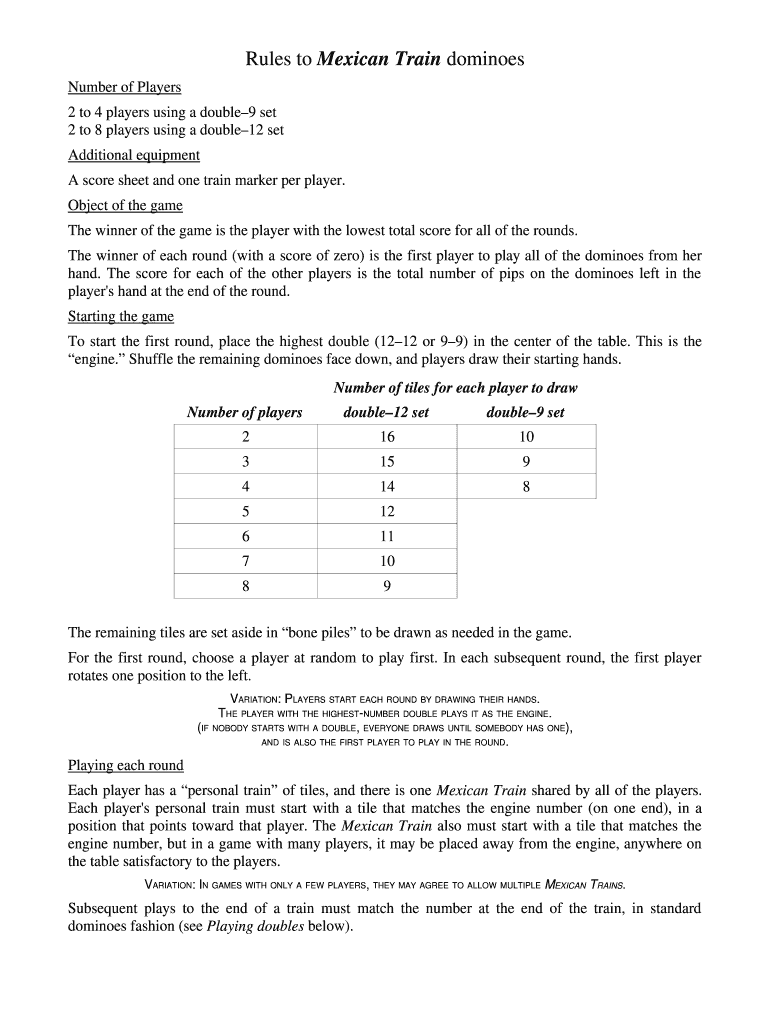 Mexican Train Dominoes Rules PDF  Form