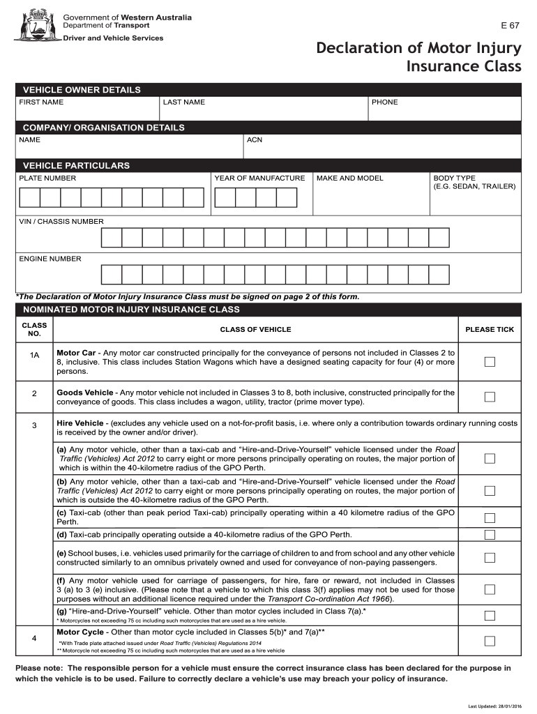  Declaration of Vehicle Motor Injury Insurance Class Form E67 Declaration of Vehicle Motor Injury Insurance Class Form E67 Transp 2020