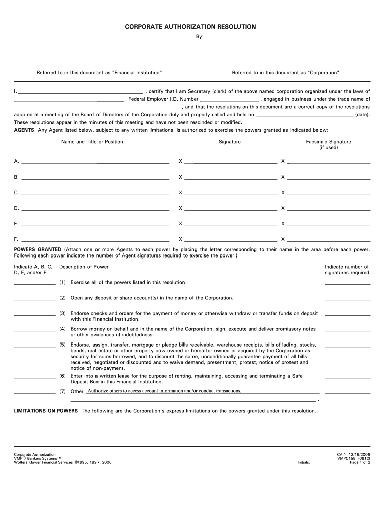 CORPORATE AUTHORIZATION RESOLUTION Saco  Form