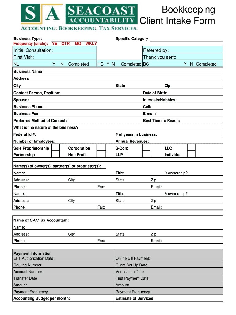 Bookkeeping Client Intake Form Business Type Frequency Circle Specific Category YE QTR MO WKLY Initial Consultation First Visit 