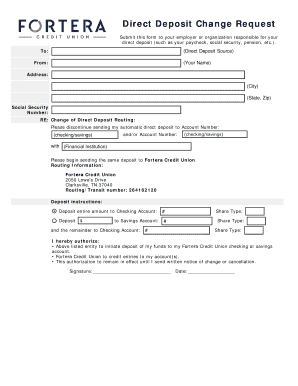 Direct Deposit Change Request Fortera Credit Union  Form