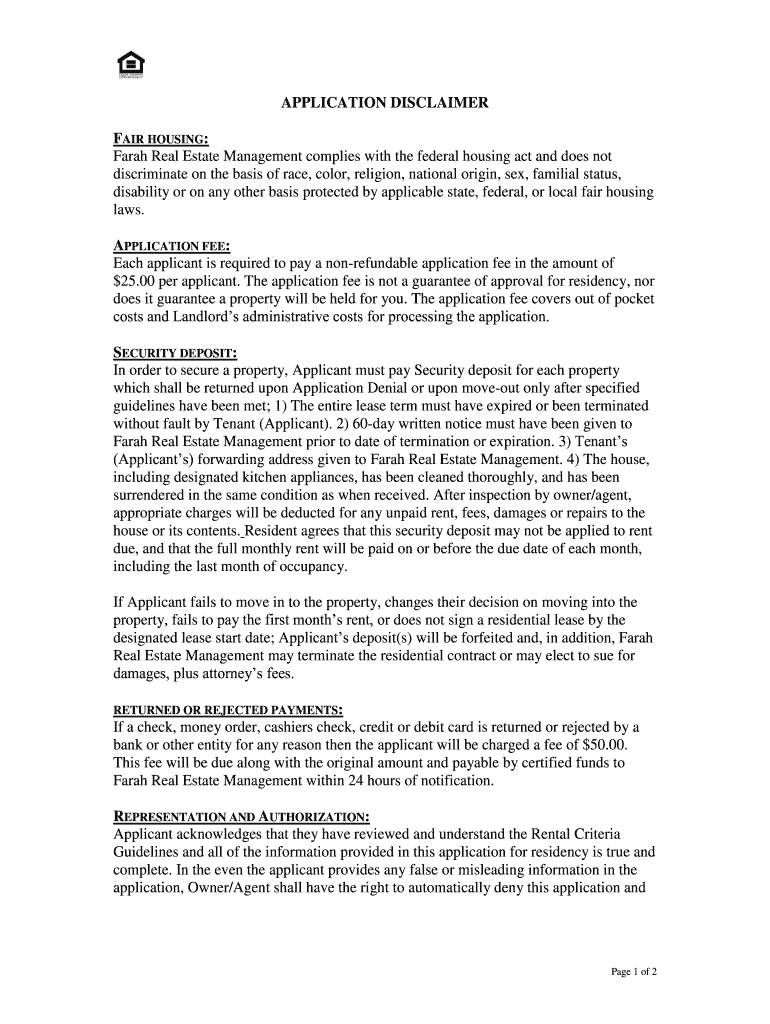 APPLICATION DISCLAIMER FAIR HOUSING Farah Real Estate  Form