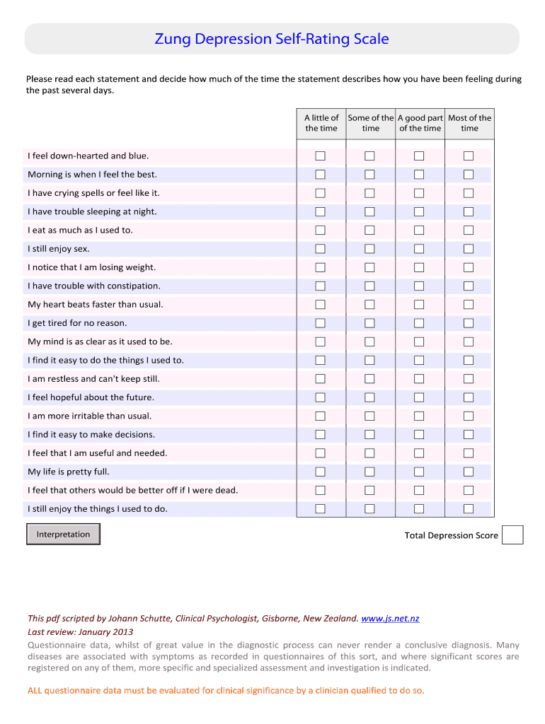 Zung Self Rating Depression Scale SDS Mental Health Ministries Js Net  Form