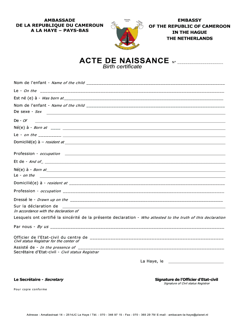 Cameroon Birth Certificate  Form