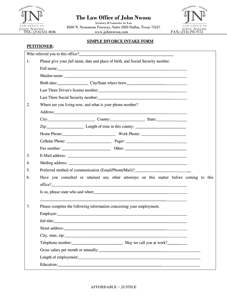 SIMPLE DIVORCE INTAKE FORM PETITIONER