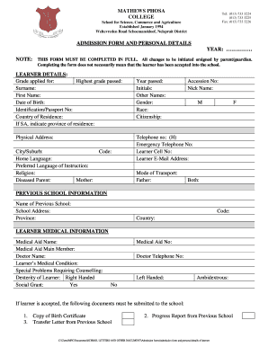 Mathews Phosa College  Form