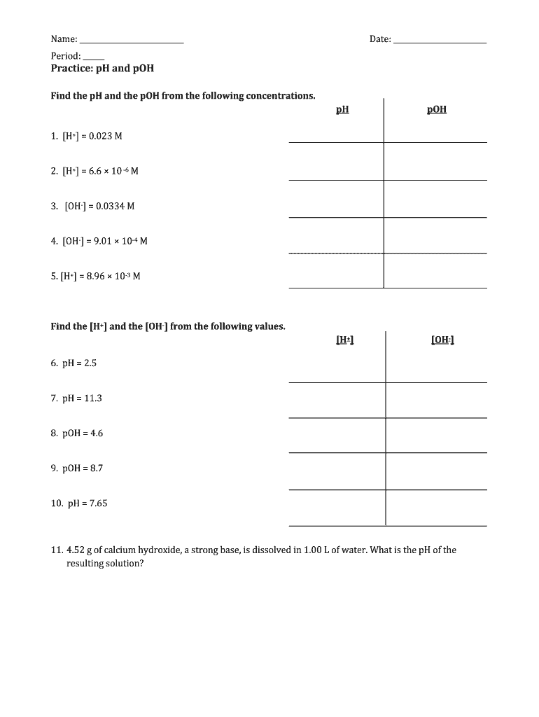 Ph and Poh Calculations Worksheet  Form