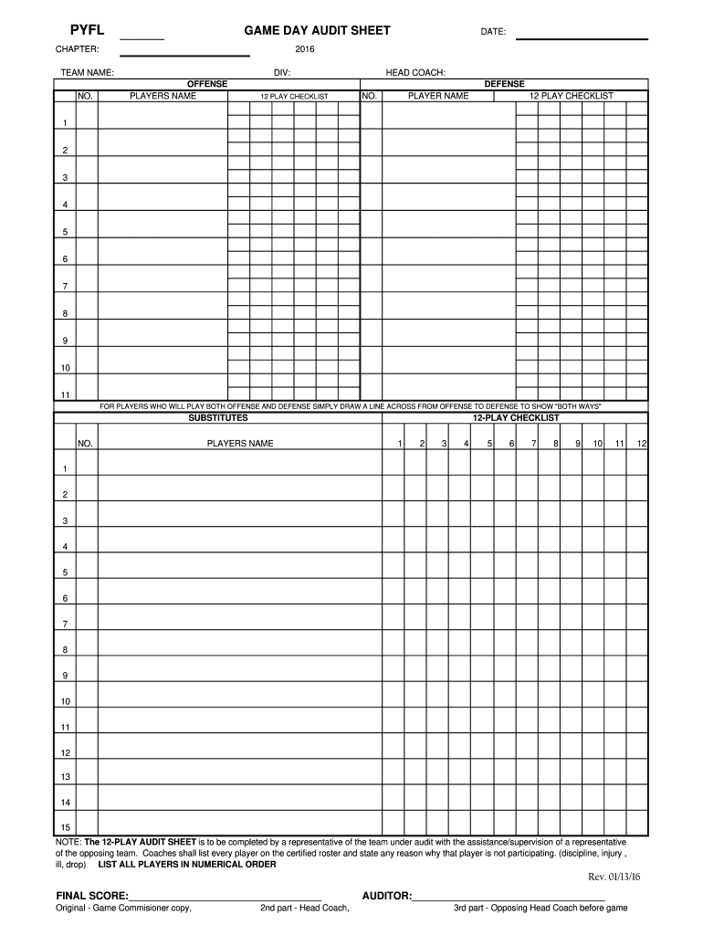  Pyfl Game Day Audit Sheet Form 2016-2024