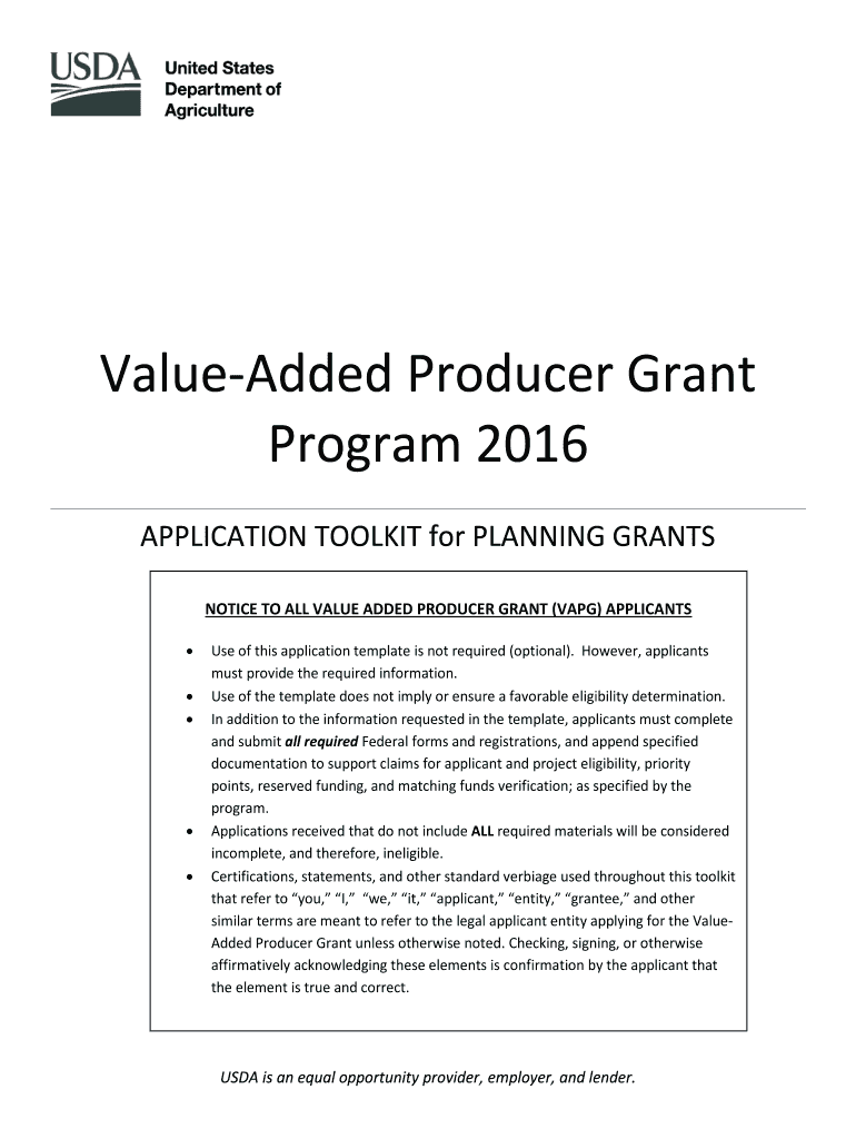  USDA Value Added Producer Grant APPLICATION TOOLKIT for PLANNING GRANTS 2016