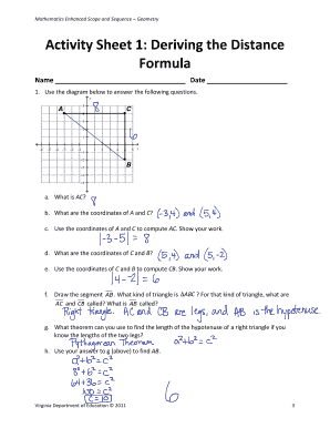 Distance Formula Sheet 1 Answer Key