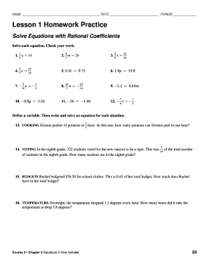 Lesson 1 Homework Practice Solve Equations with Rational Coefficients Answer Key  Form