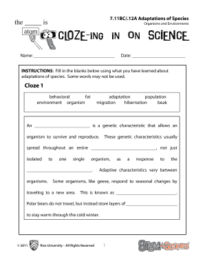 Cloze Ing in on Science from 7 11bc 12a Adaptations of Species  Form