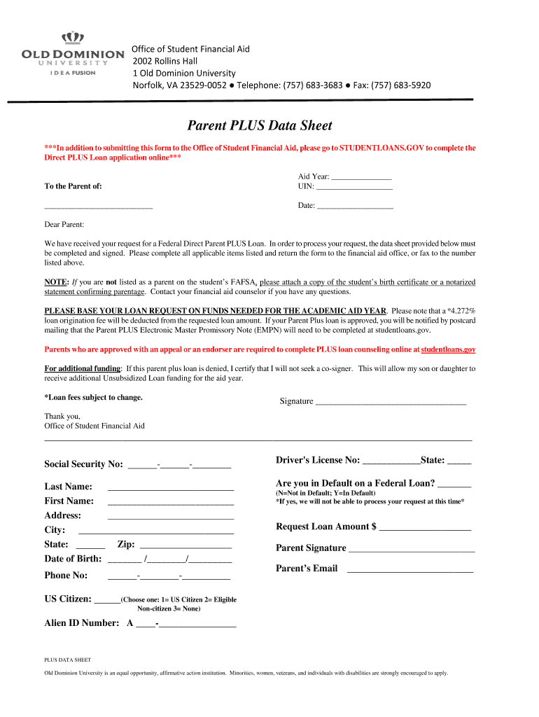 Old Dominion Parent Plus Data Sheet  Form