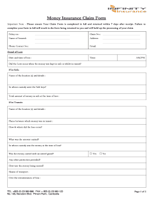 Money Insurance Claim Form Important Note Please Ensure Your Claim Form is Completed in Full and Returned within 7 Days After Re