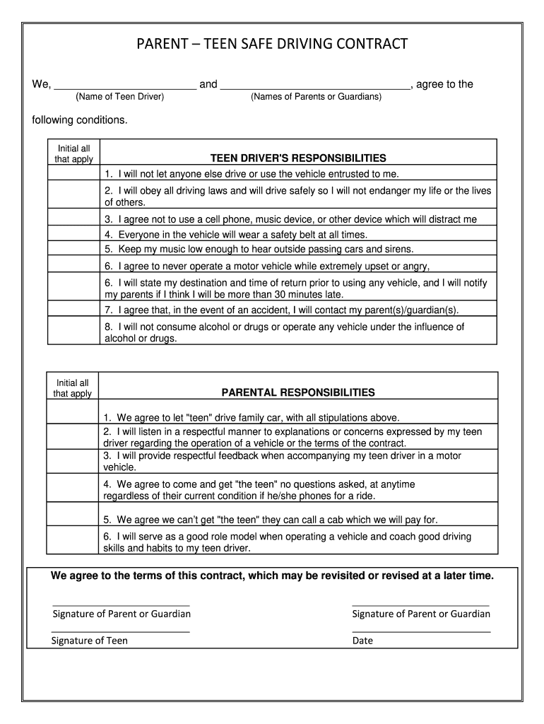 PARENT TEEN SAFE DRIVING CONTRACT  Form