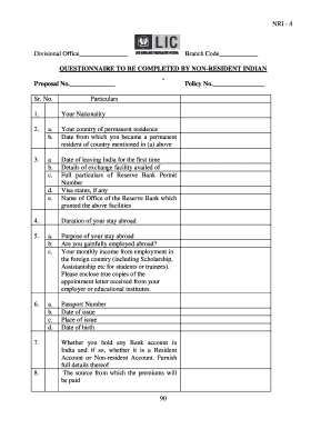 NRI 4 Divisional Office Branch Code QUESTIONNAIRE to BE COMPLETED by NONRESIDENT INDIAN Proposal No  Form