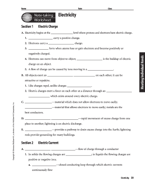 Note Taking Worksheet Electricity  Form