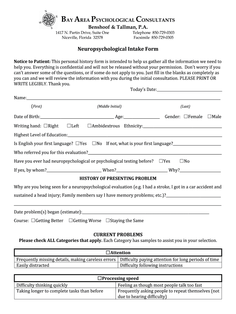 Get and Sign Neuropsychological Intake  Form