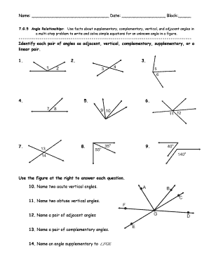 Identify Each Pair of Angles as Adjacent Vertical Complementary Supplementary  Form
