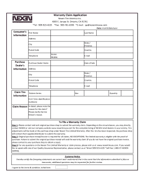 Nexen Warranty Claim Form