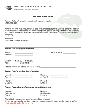 Inclusion Intake Form Portland Parks &amp;amp