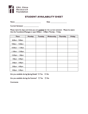 Student Availability Sheet CSU, Chico Csuchico  Form