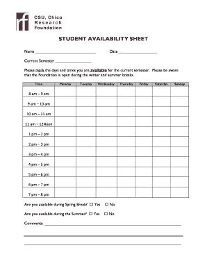 Availability Sheet PDF  Form