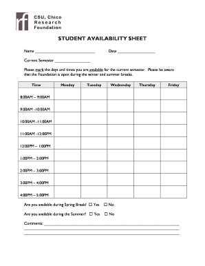 Availability Sheet  Form
