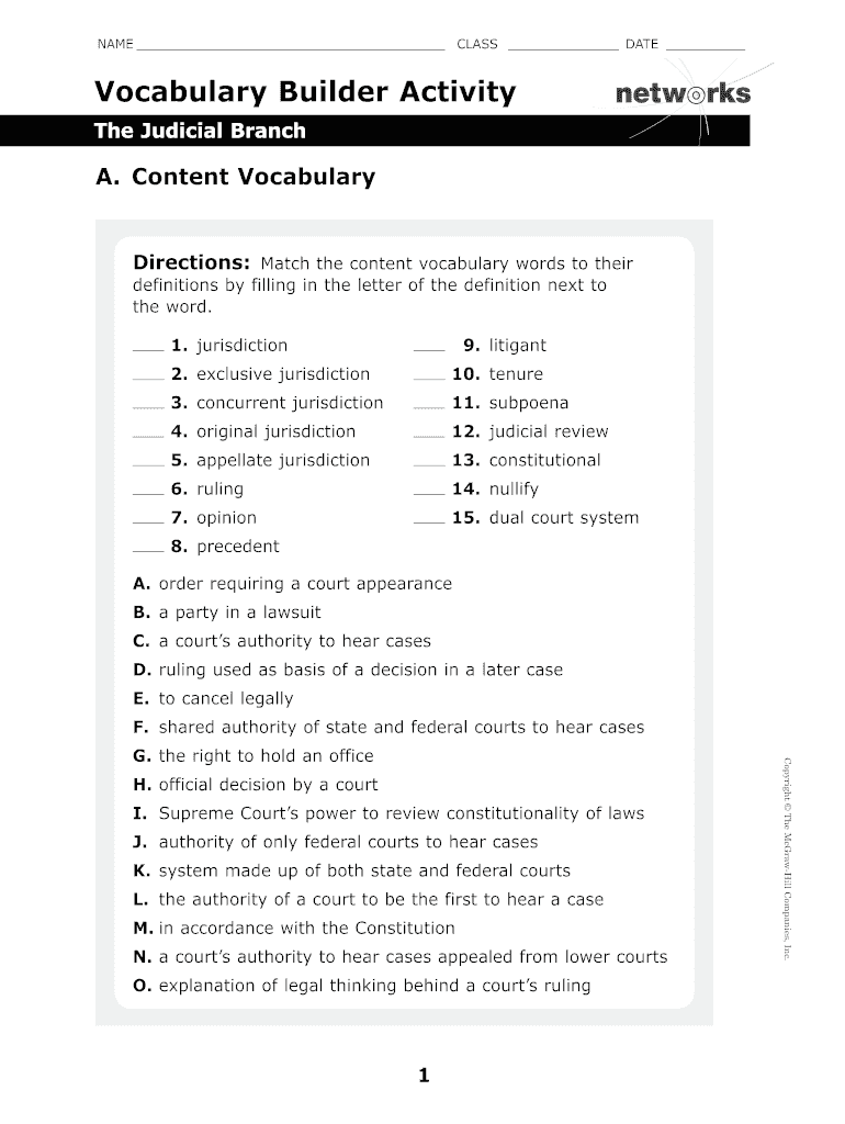 Vocabulary Builder Activity Answer Key  Form