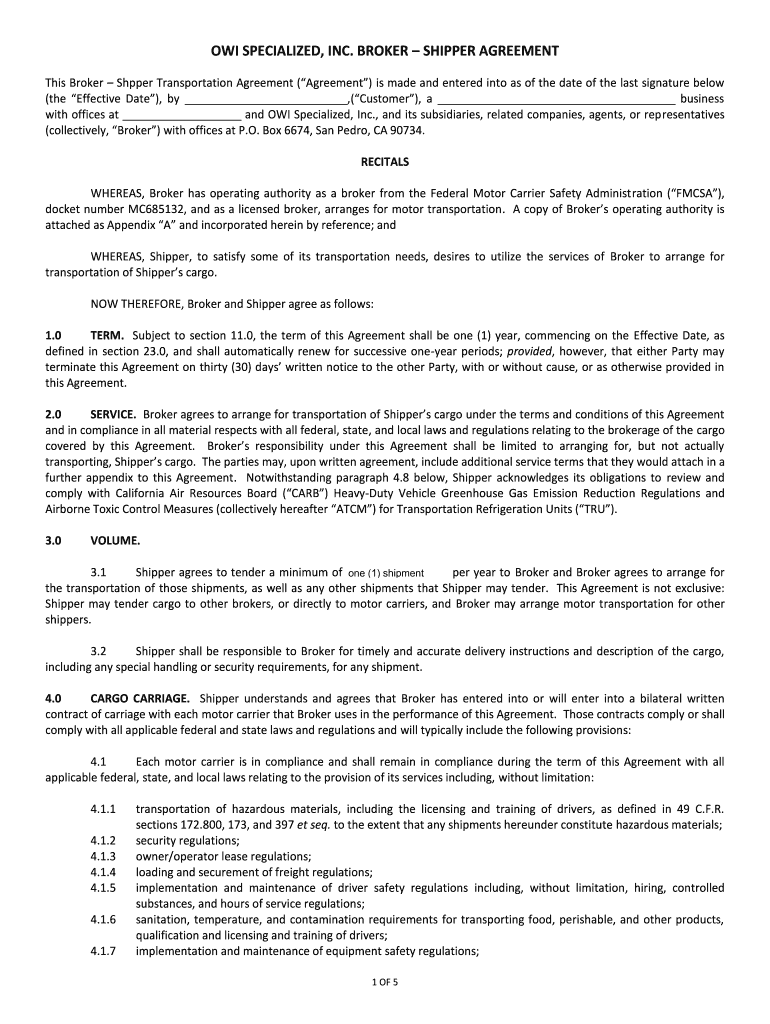 OWI SPECIALIZED INC BROKER SHIPPER AGREEMENT  Form