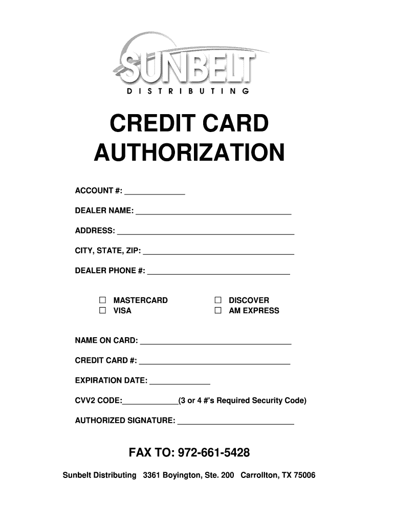 Credit Card Authorization PDF Sunbelt Distributing  Form