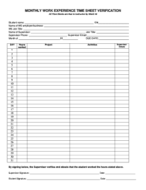  Work Experience Timesheet 2016