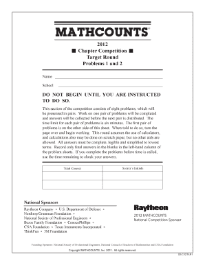 MATHCOUNTS Chapter Competition Target Round Problems 1 and 2 Name School DO NOT BEGIN until YOU ARE INSTRUCTED to DO so Mathlete  Form