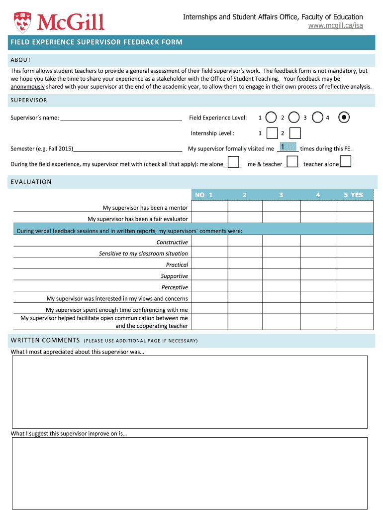 Get and Sign FIELD EXPERIENCE SUPERVISOR FEEDBACK FORM 1 Mcgill