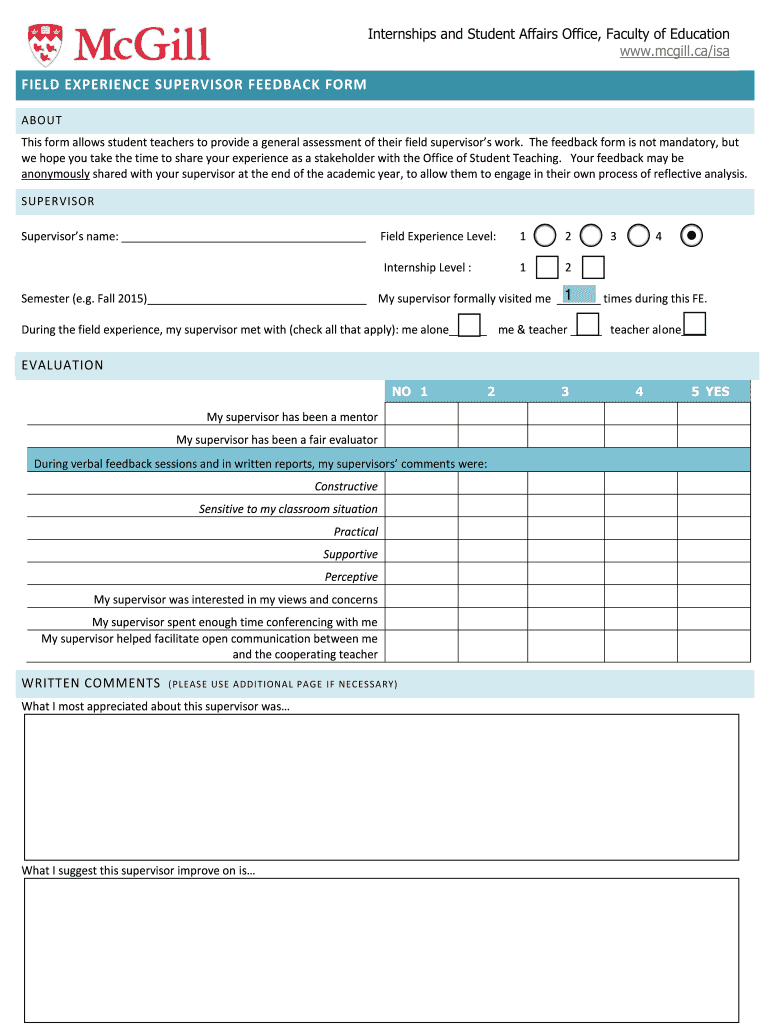 FIELD EXPERIENCE SUPERVISOR FEEDBACK FORM 1 Mcgill