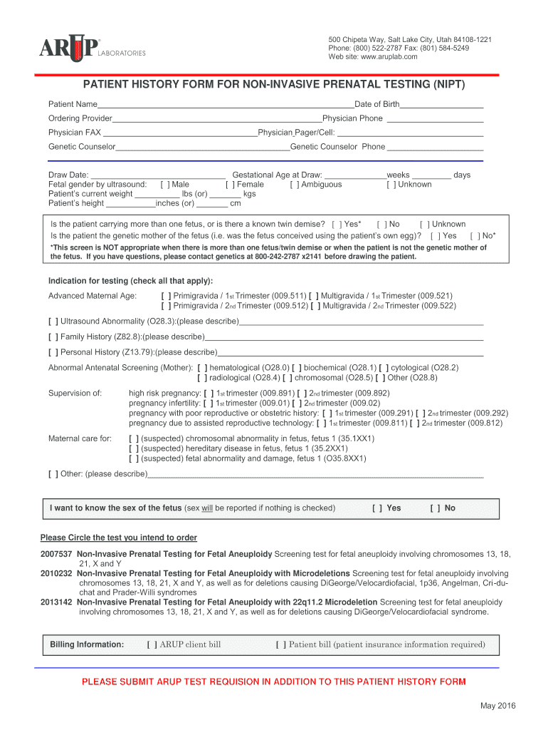  Non Invasive Prenatal Testing NIPT  ARUP Lab Test Directory 2016