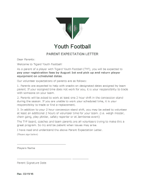 Youth Football Coach Letter to Parents  Form