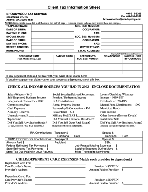 Client Tax Information Sheet Brookwood Tax Service