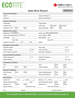 Daily Work Record Spray Foam Insulation Canada  Form