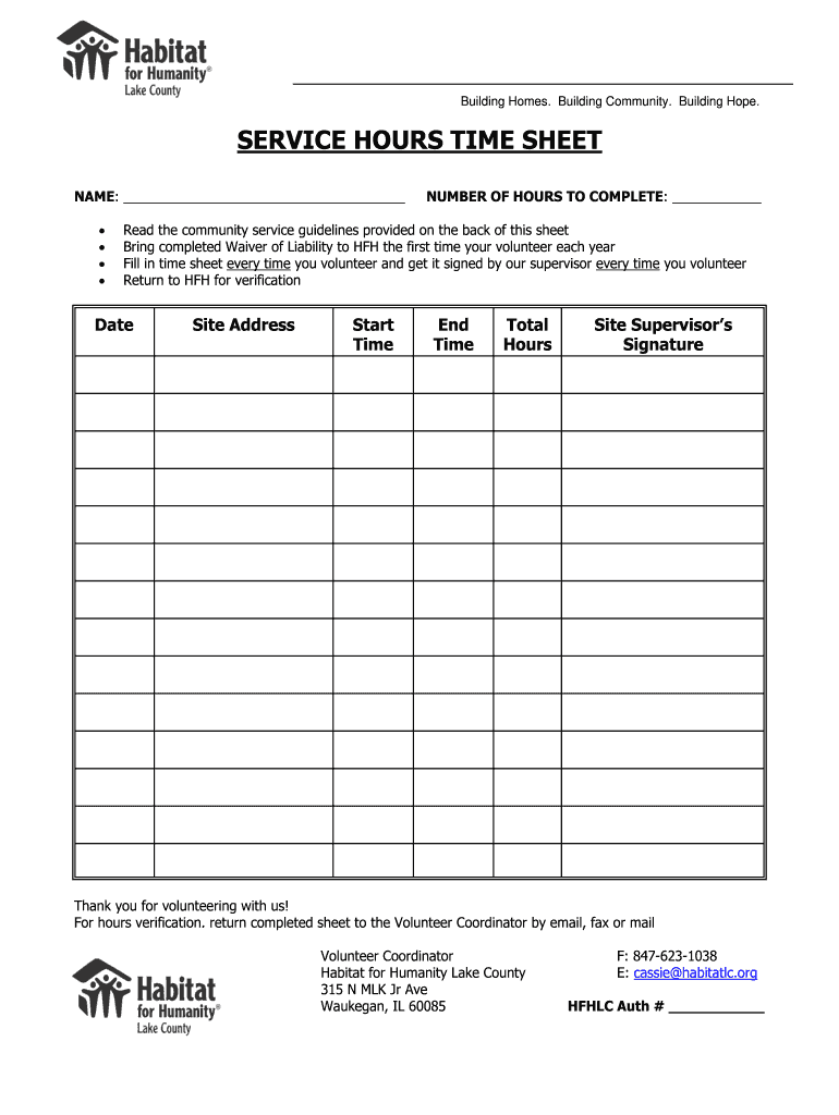 Habitat Humanity Volunteer Sheet  Form