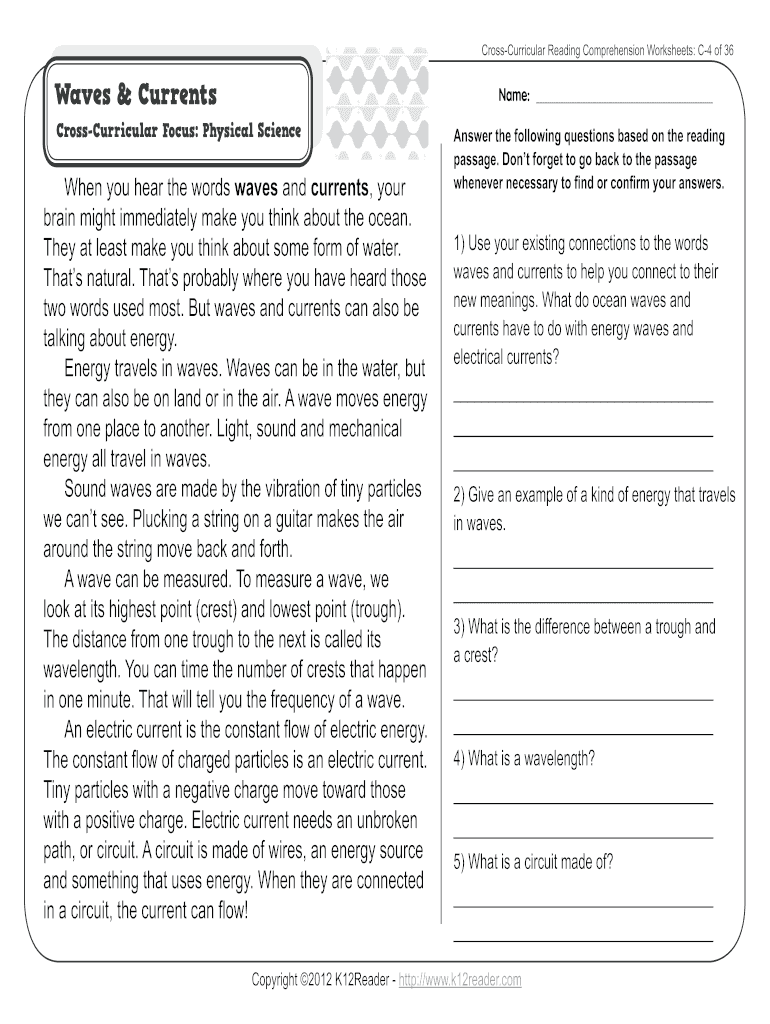 Cross Curricular Reading Comprehension Worksheets PDF  Form