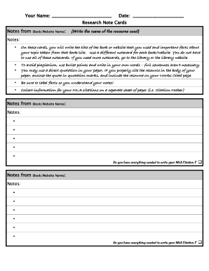 Research Note Cards Notes from Bcps  Form