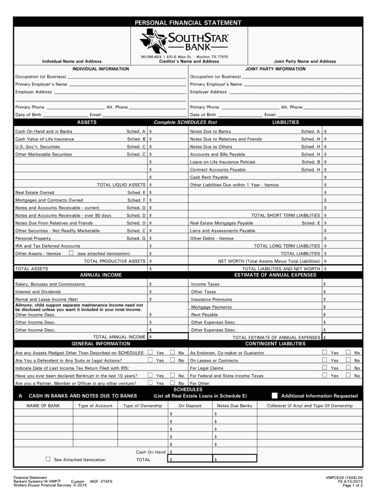 PERSONAL FINANCIAL STATEMENT SouthStar Bank SSB  Form