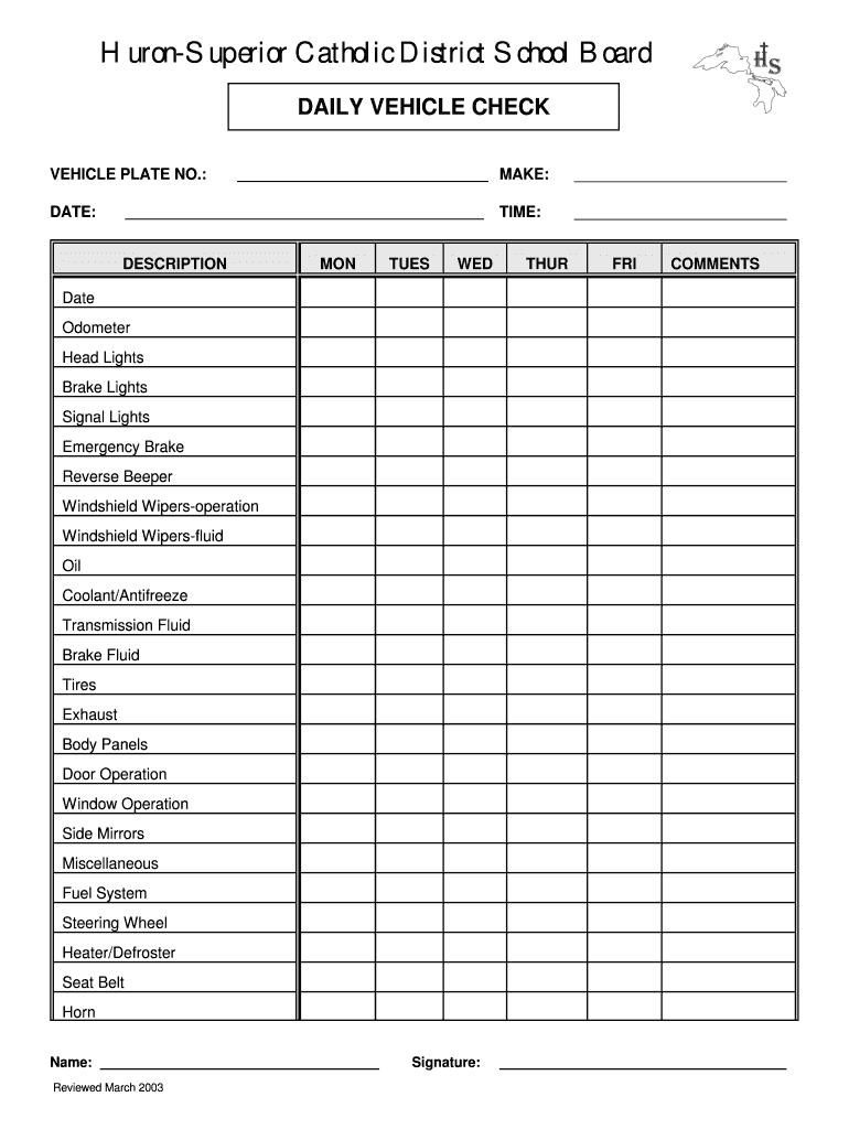 Daily Vehicle Checklist Huron Superior Catholic District School  Form