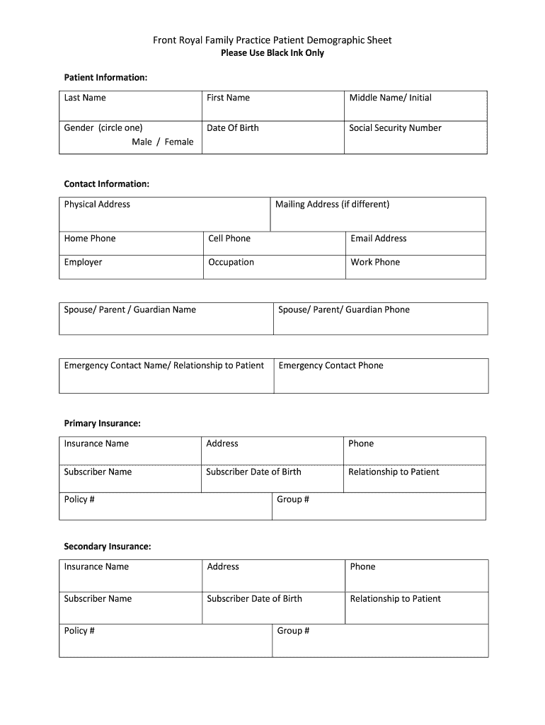 Front Royal Family Practice Patient Demographic Sheet  Form