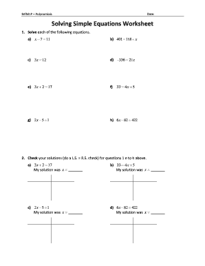 Simple Equations Worksheet PDF  Form