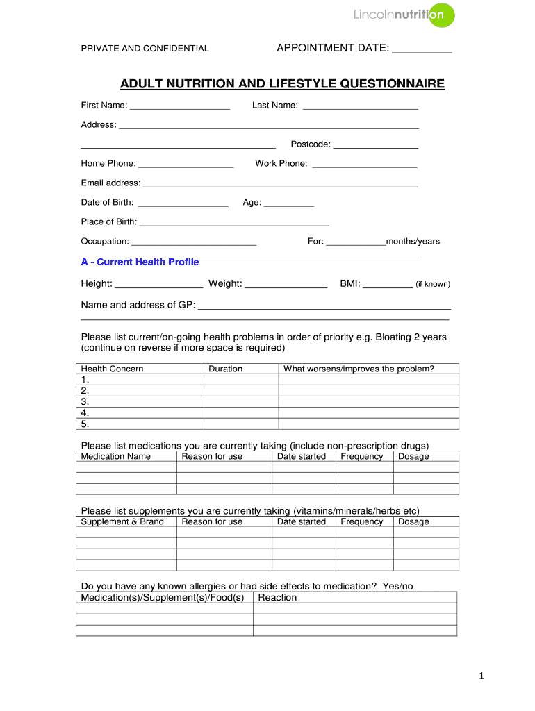 Nutrition Lifestyle Questionnaire  Form