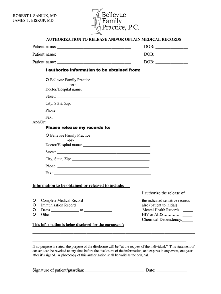 Get and Sign Medical Records Release 2  Bellevue Family Practice PC  Form